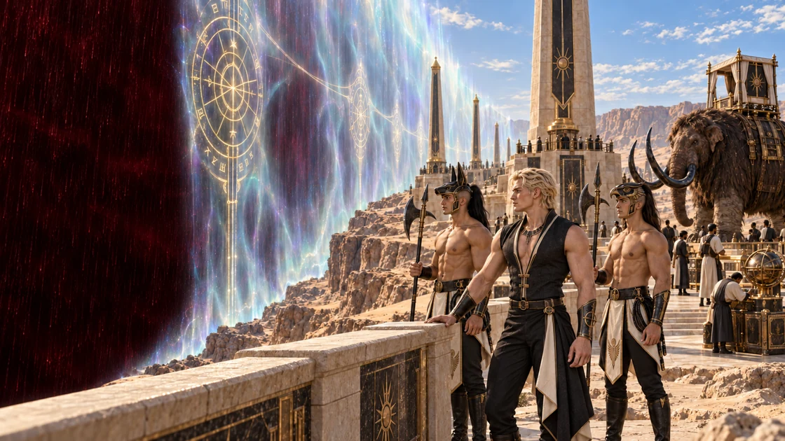 Arcane seals reinforce the auroral seam toward Brakhal, watched by monumental obelisks. Beyond it, dark red bromine rain obscures the other plane.