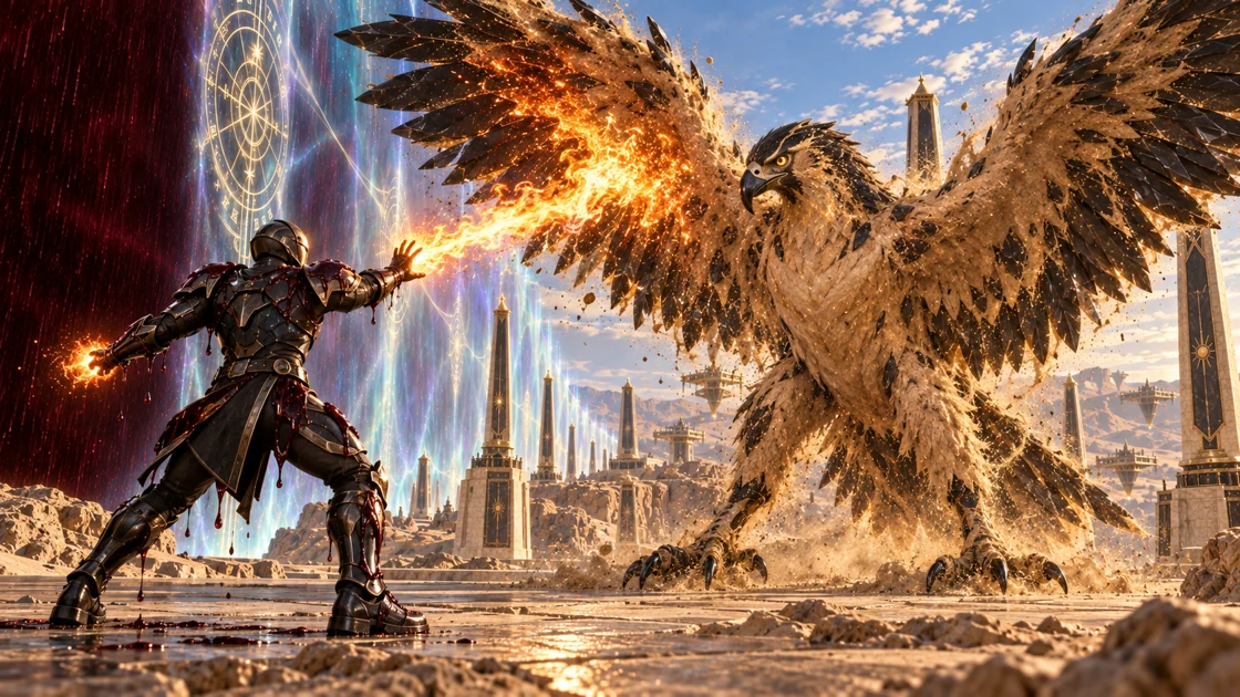 A warrior who has deserted Brakhal’s training has crossed the forbidden seam. Bromine still drips from his sealed armour as he casts fire at the immense falcon barring his path.