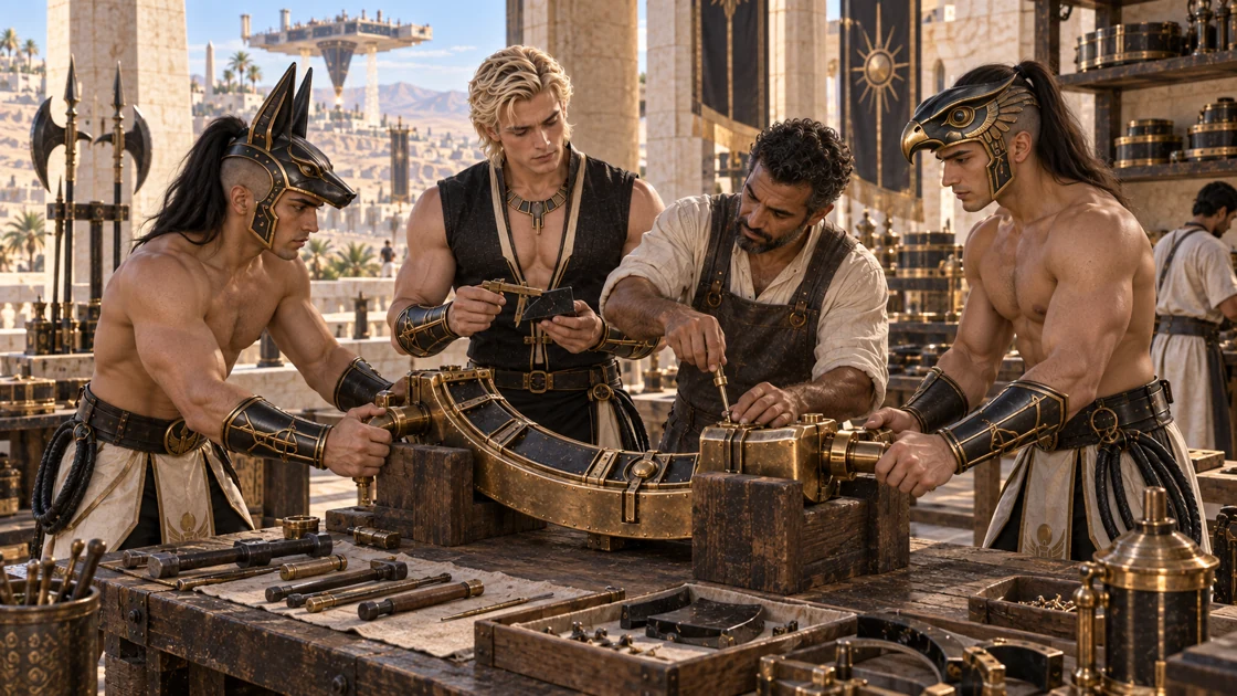 An artisan guides the repair of a harvesting instrument. Rhaevan and both guards share the work at the bench, their weapons resting nearby.