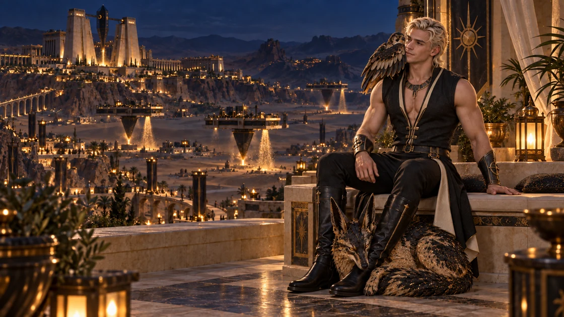 Lamps mark the homes and paths below. Human once more, Rhaevan watches the night as Varesh brushes a small obsidian wing against his cheek. Nakhren lies curled against his boots.