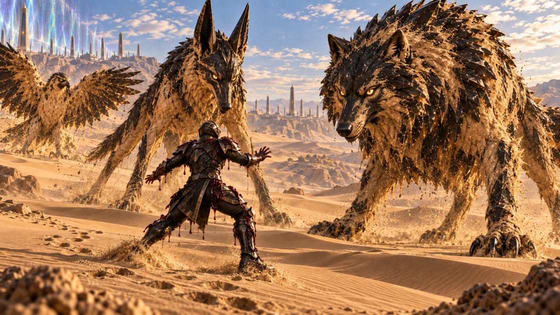 The fugitive escapes the falcon’s reach, but two more figures rise across the dunes: the second guard as a vast jackal, and Rhaevan as a wolf. Sand and obsidian close the remaining paths.