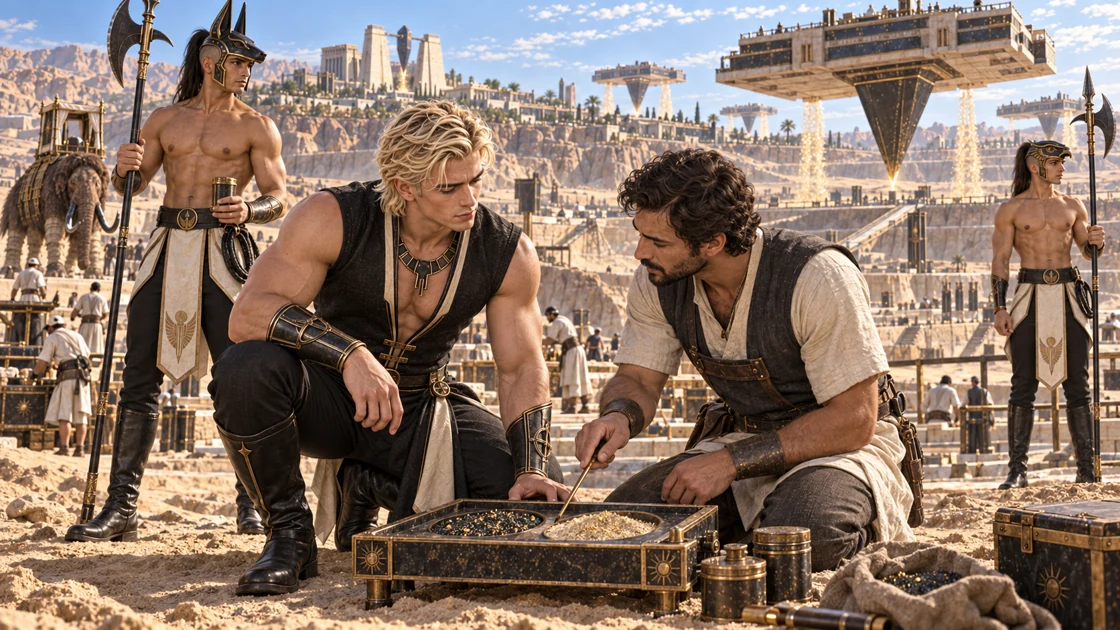 Rhaevan kneels beside a basin reader to study a tray of sand. The materials renew quickly; recognising and handling their charge depends on trained hands.
