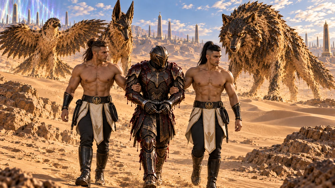 Two guards of lower rank escort the handcuffed warrior away from the dunes. Behind them, the falcon, jackal and wolf remain watchful as custody passes into other hands.