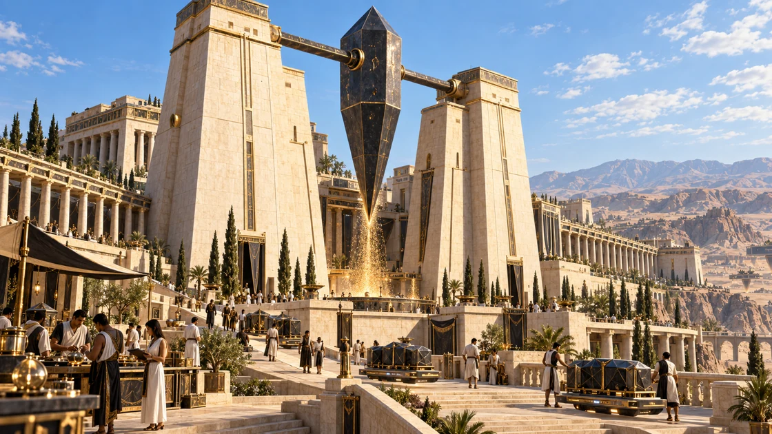 Between pale pylons, an inverted obelisk gathers the rising sand. The temple brings extraction, concentration, storage and the development of new instruments into one working complex.