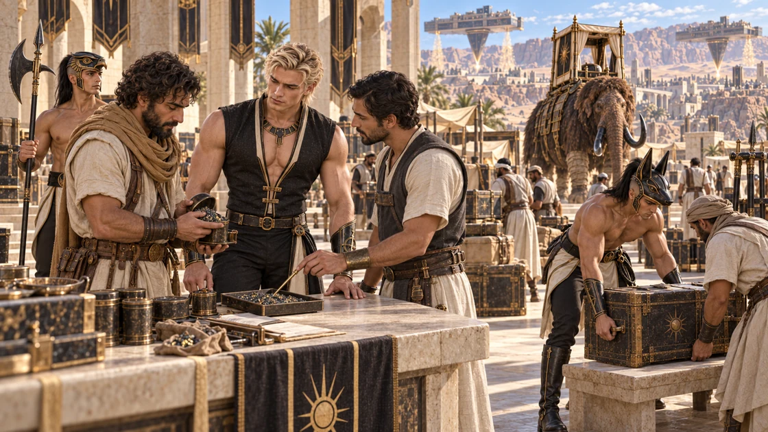 Travelling collectors meet the workers of the basins. Rhaevan listens as samples are opened and examined, while his guards lend their hands to the receiving work.