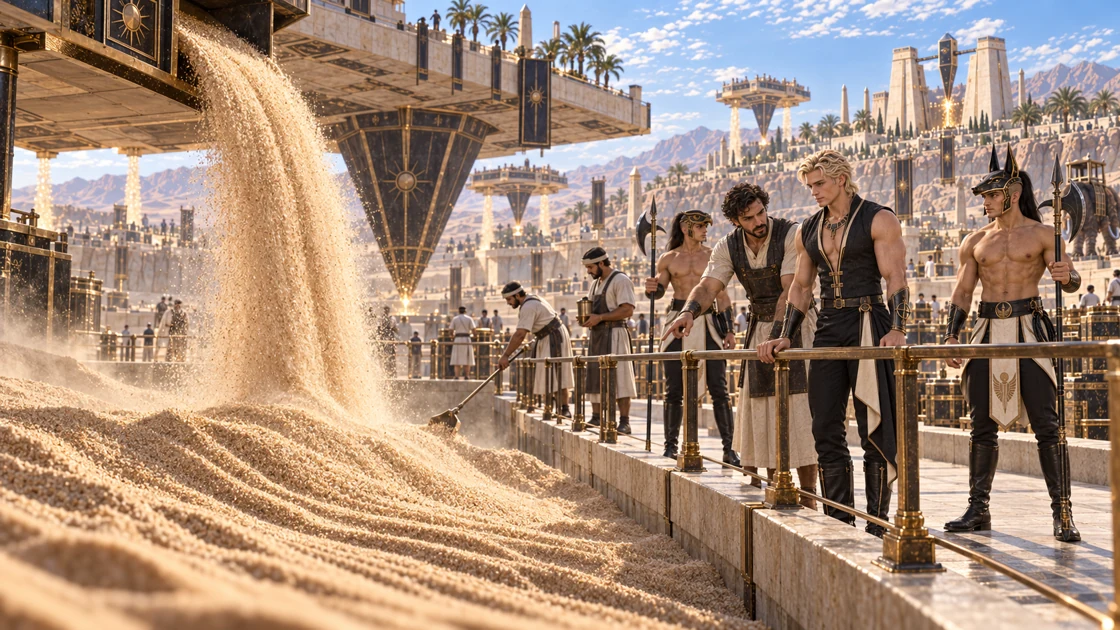 After the charged materials have been separated, temporarily discharged sand falls back into the basin. Workers watch the return from the sheltered edge of the machinery.