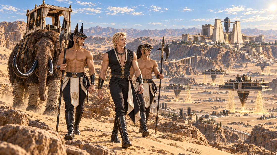 The road from Serekh reaches the inhabited terraces of Vaudrakh. Rhaevan and his two guards continue on foot, with Kharum following behind.