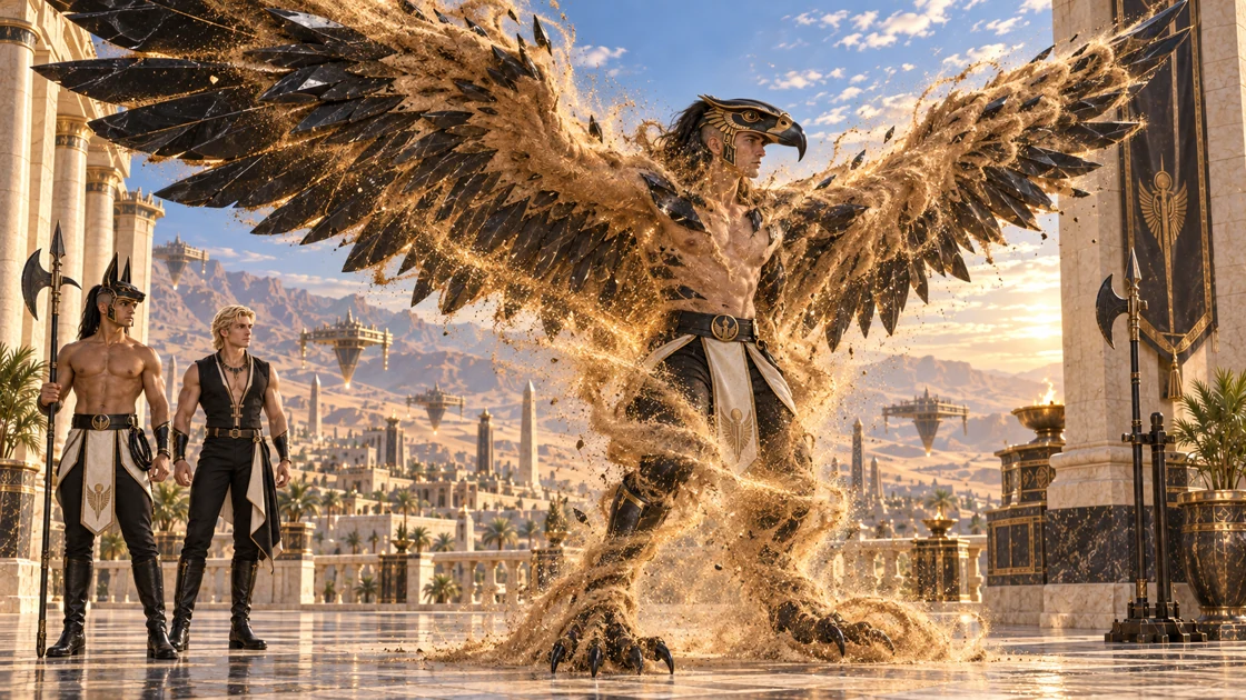 Sand and ochre magic rise around the falcon-helmed guard. Vast wings of obsidian unfold as his body begins to change, with Rhaevan and the second guard close by.