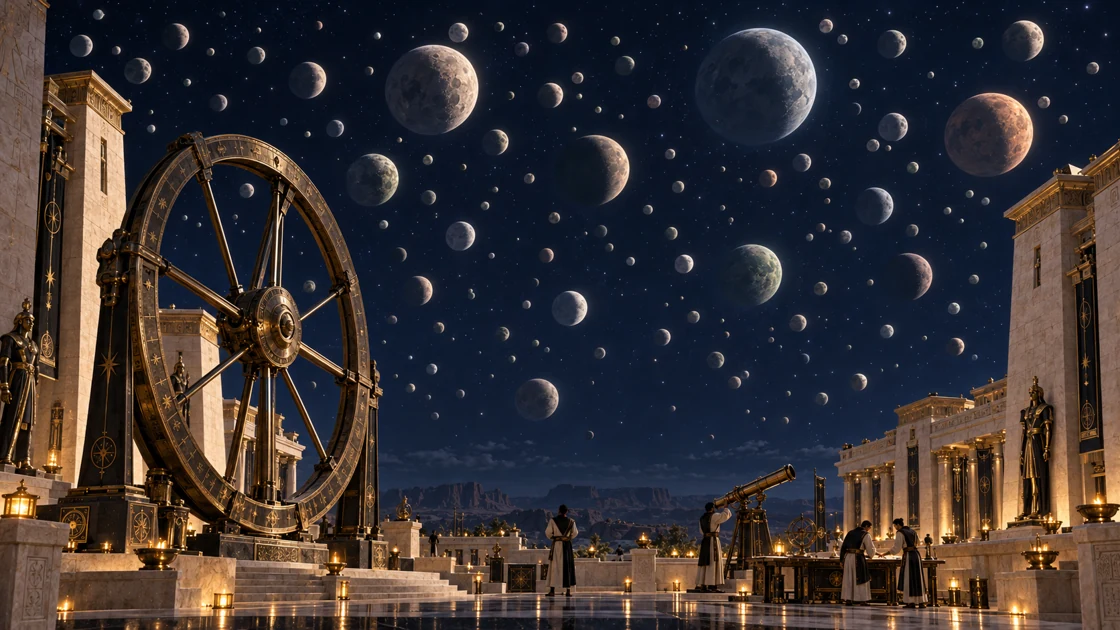 From the central court, the instruments open toward Khemetra’s moon-filled sky. A visible destination is not necessarily a reachable one.