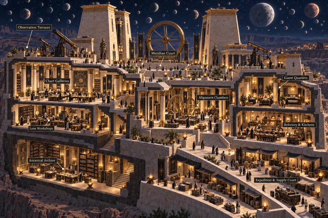 An artistic cutaway connects the observation terraces, chart galleries and ancestral archive with workshops, guest quarters, kitchens and supply courts. The drawing is not to scale.