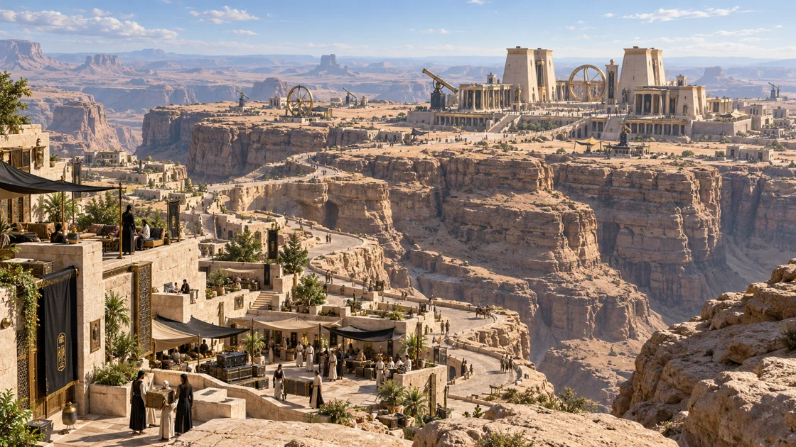 Inhabited desert plateaus and stellar instruments beneath the distant temple