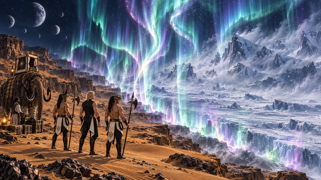 Auroras collide along the suture. Moonlit sand remains beneath their feet; beyond the boundary, Iskareth rises in white tundra, immense ice peaks and driving snow.