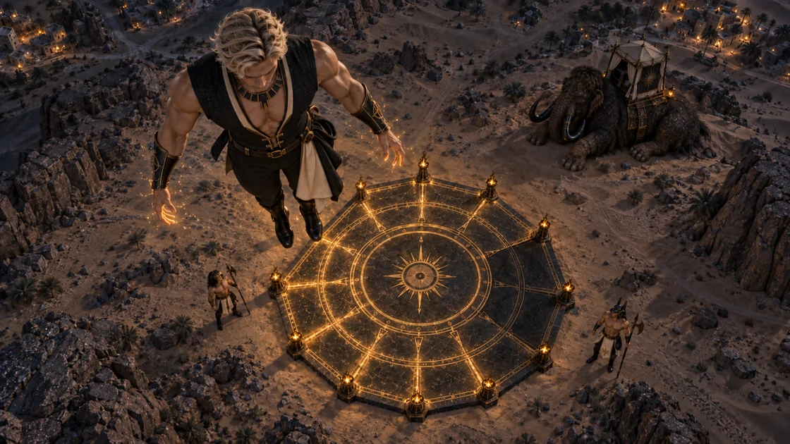 Rhaevan rises above the platform as Varesh and Nakhren keep watch below. Light follows the engravings, yet two sectors remain dark.