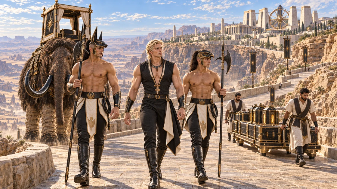 Rhaevan, Varesh and Nakhren follow the stepped ascent from Vaudrakh. Kharum carries the travelling pavilion while the supplies continue toward the high plateaus.