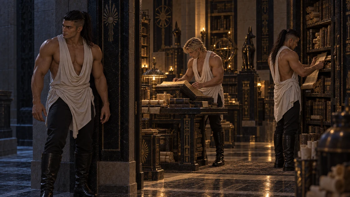 Varesh watches the entrance. Beyond him, Rhaevan and Nakhren search among the oldest volumes and scrolls.