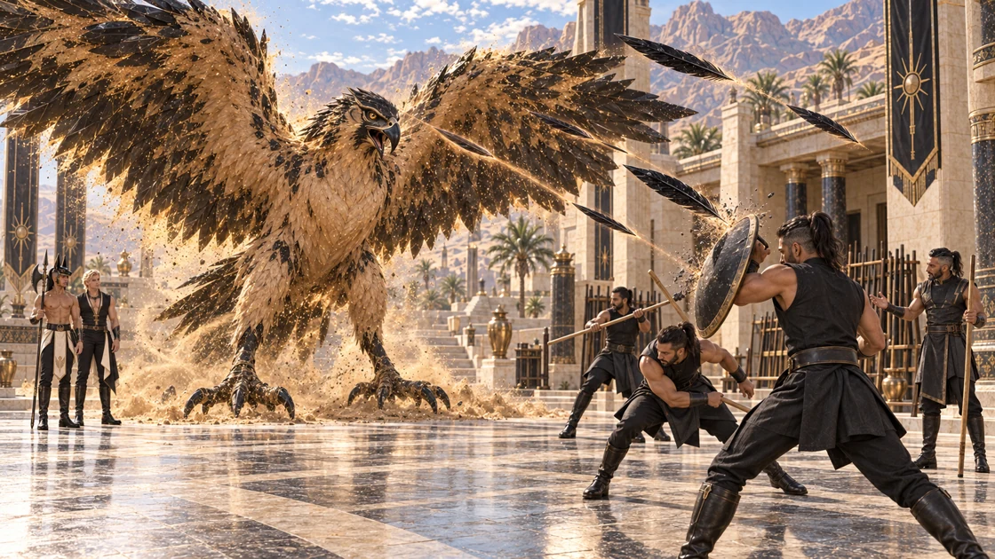 Varesh spreads his vast wings and sends obsidian feathers across the training court. Under the instructor’s watch, the guards shift, duck and turn the volley aside, while Rhaevan and Nakhren observe from the gallery’s edge.