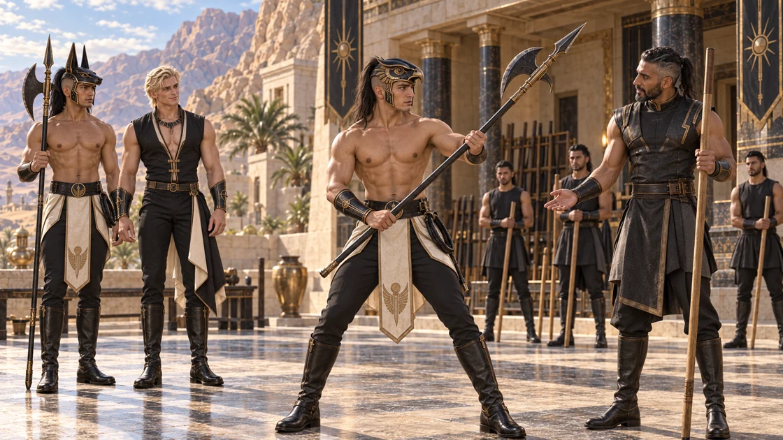 In the training court, Varesh demonstrates a steady stance while the instructor guides the lesson. Rhaevan watches with a small smile, Nakhren close beside him, as the trainees follow each movement.
