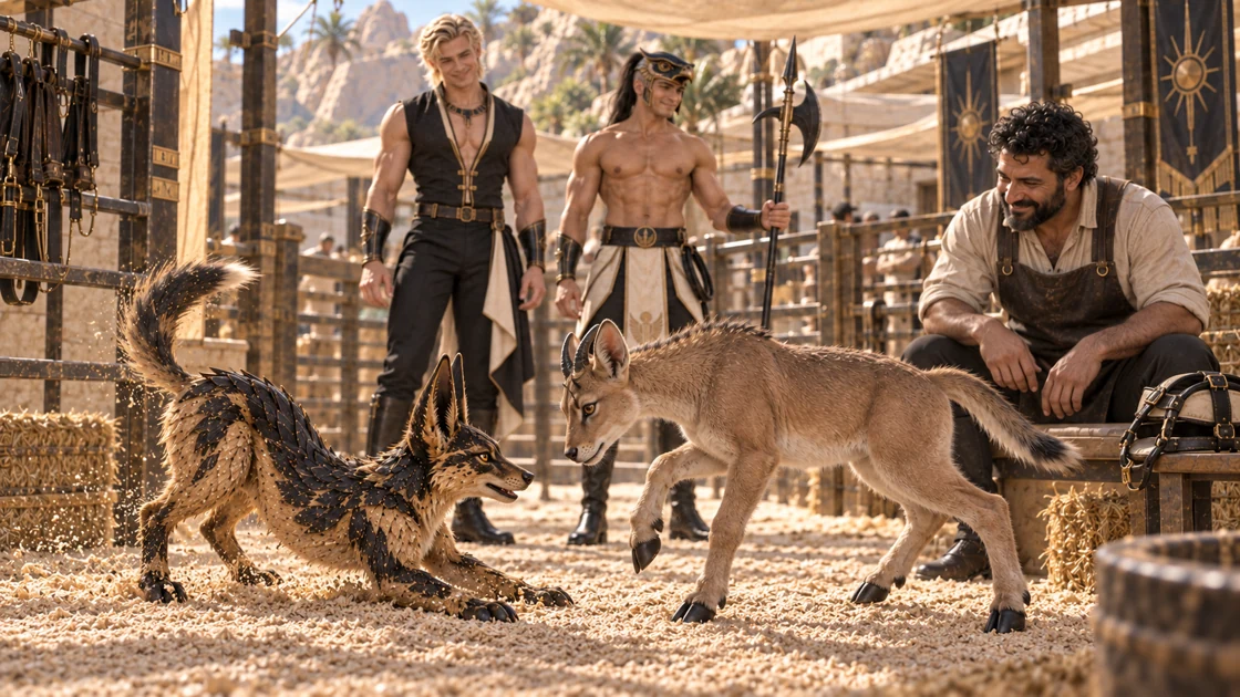 Nakhren lowers his small jackal body into a playful bow, grains of sand catching the light around his paws. The young beast answers with a tentative hop, and smiles spread among those watching.