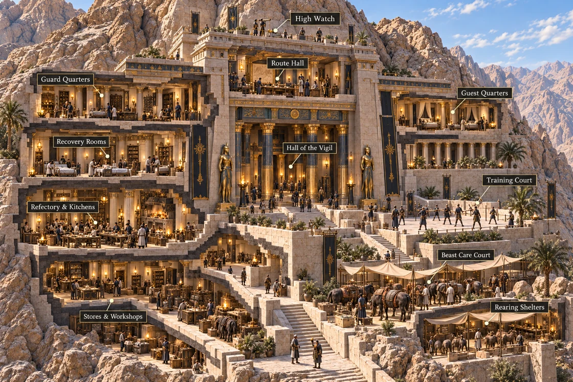 An artistic cutaway connects the high watch and route hall with guard and guest quarters, training spaces, kitchens, workshops, human recovery rooms and separate courts for beast care and rearing. The drawing is not to scale.
