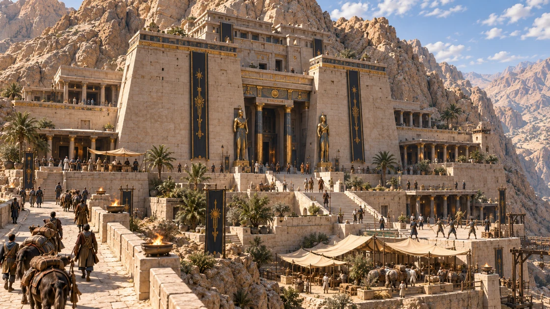 Carved into Kharuset’s mountain stone, the Temple of the Stone Vigil rises above the roads it watches. Within its terraces and shaded galleries, guards train, expeditions prepare, and keepers tend the beasts that travel the heights.