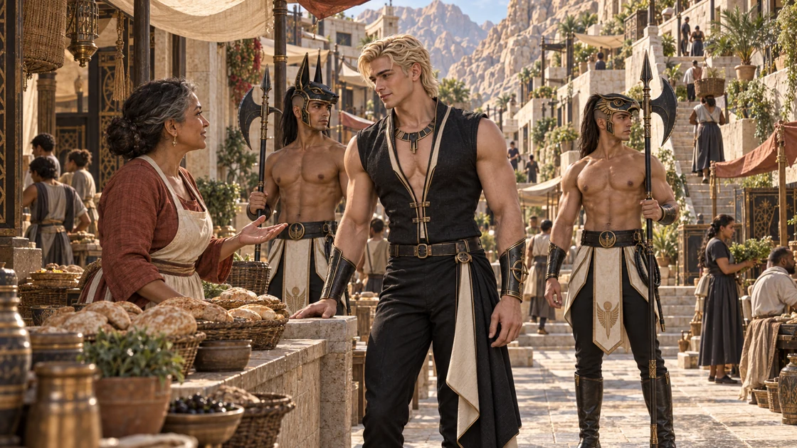 Morning moves through the market beneath the mountain walls. Rhaevan pauses to listen to a resident, while Nakhren and Varesh stay close among the passing neighbors.
