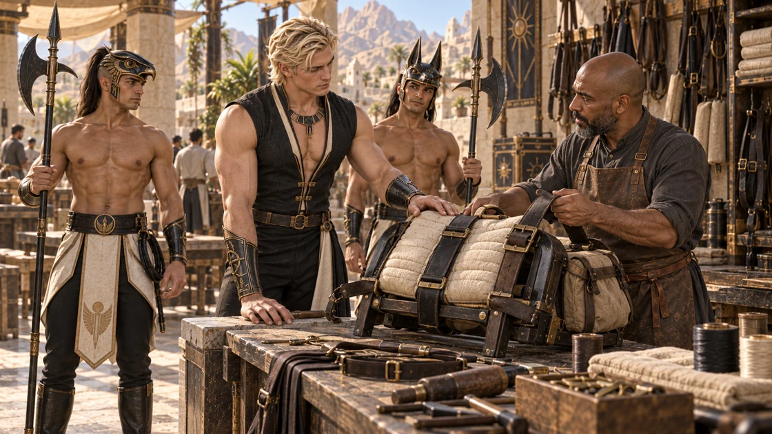 At the workbench, a craftsman shows how padding and straps share the weight of a load. Rhaevan tests the cushioned surface with his hand, while Varesh follows the adjustment and Nakhren watches from close by.