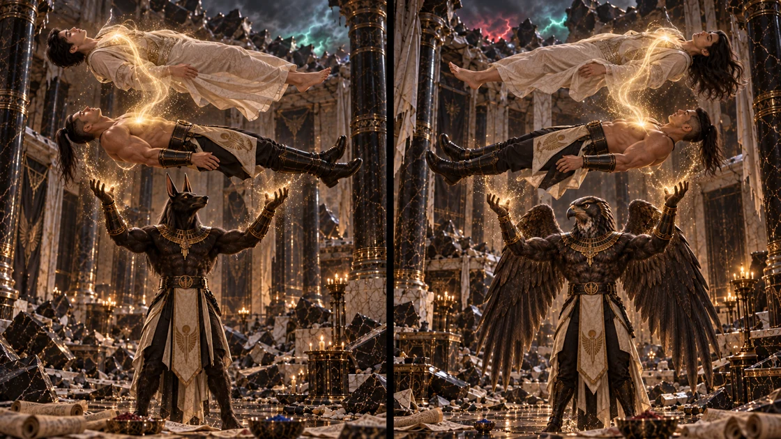 Above the jackal and the falcon, each consort floats beside the guard who offered his body. A luminous essence passes between them.