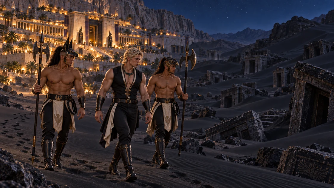 The temple’s lights recede behind them. Rhaevan, Nakhren and Varesh enter the black sands, where broken stone and half-buried mausoleums rise from the dark.