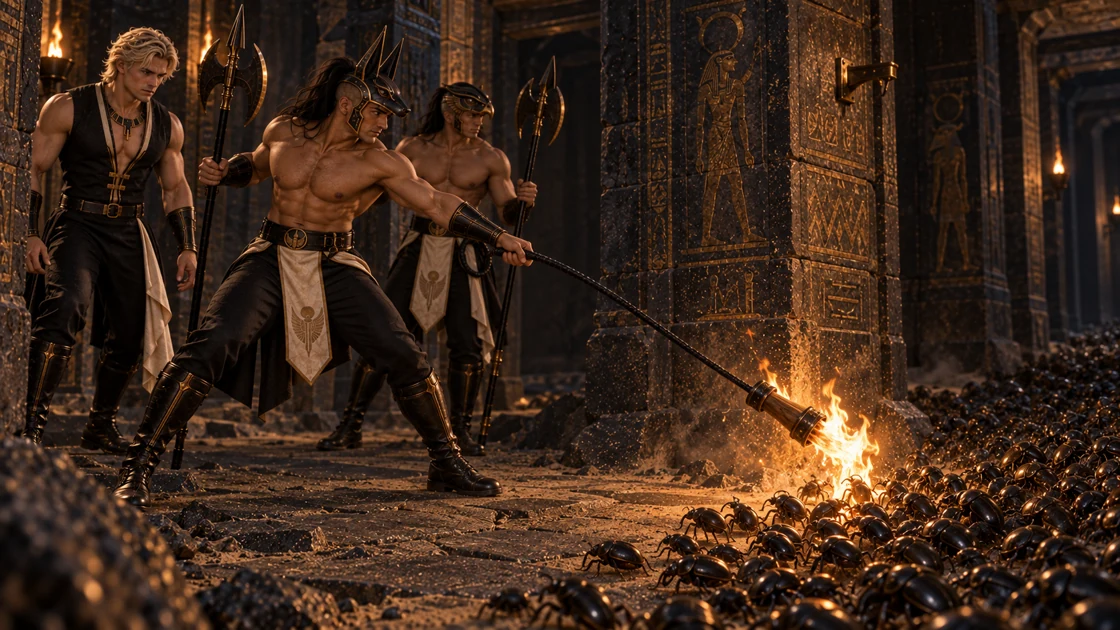A swarm of flesh-eating scarabs advances along the passage. Nakhren catches a wall torch with his whip and pulls it down, bringing fire between the swarm and his companions.