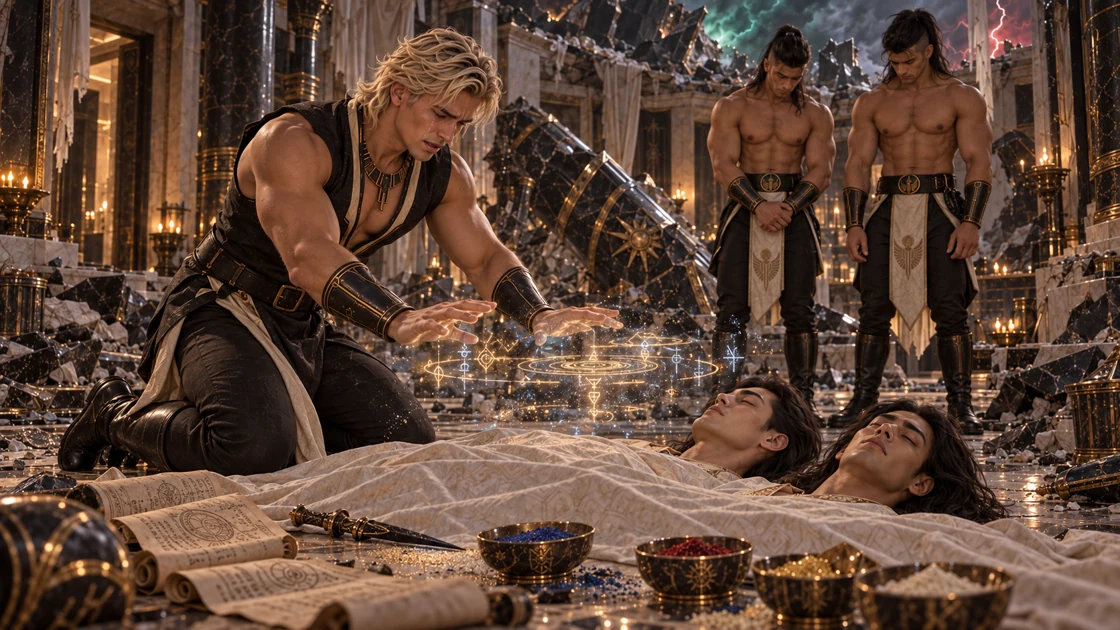 Rhaevan kneels beside his consorts, calling one spell after another into the air above them. Scrolls, a dagger and bowls of colored sand lie within reach. Neither man stirs, and the guards can only watch in sorrow.