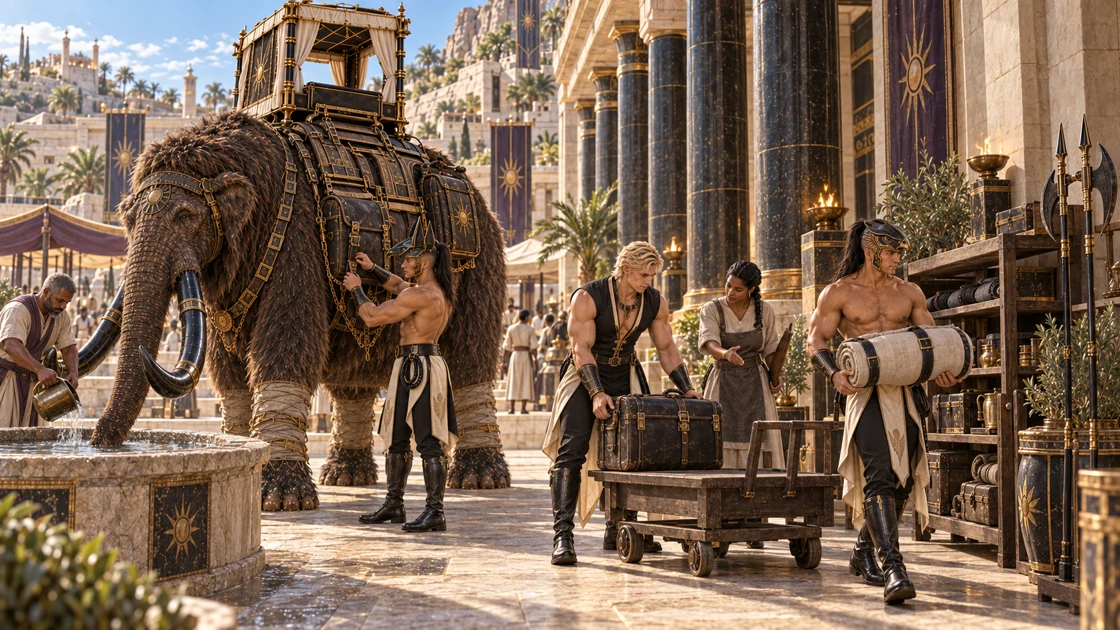 Beneath the colonnade, Imenvar’s keepers prepare water and space for Kharum. Nakhren releases a luggage strap, Rhaevan lowers a chest onto the cart, and Varesh carries the rolled linen into the shade.