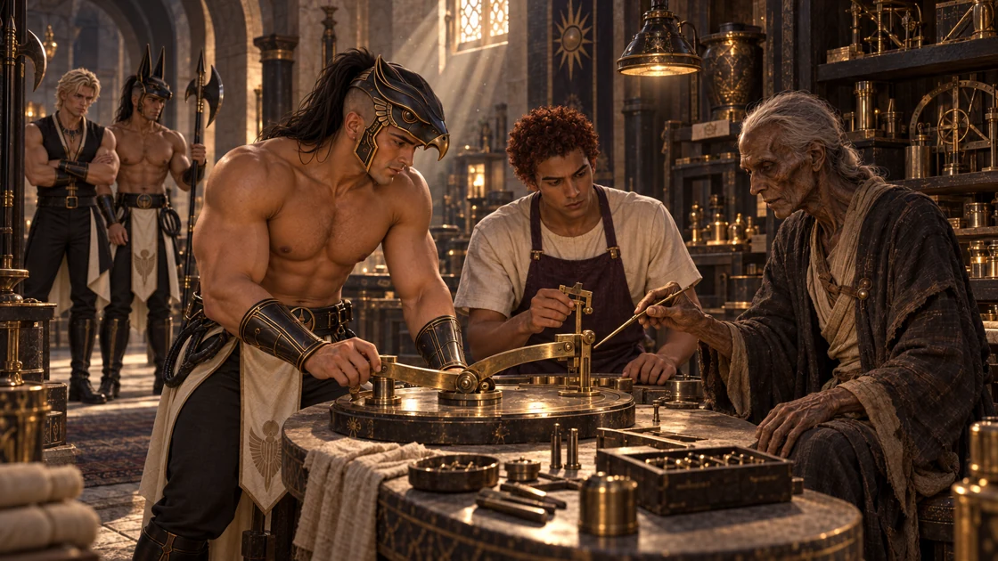 The master indicates a small misalignment. His apprentice checks the gap, while Varesh holds the mechanism steady and follows the next instruction.