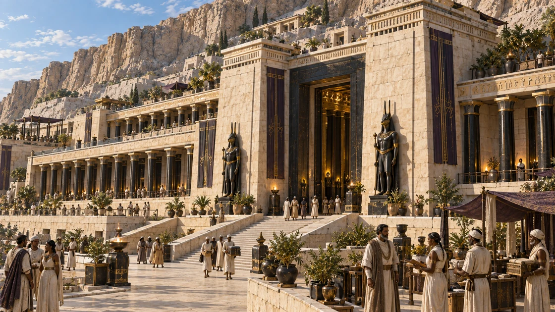 Ivory pylons, dark colonnades and plum banners frame the Temple of the Unbroken Name above Imenvar’s inhabited terraces.