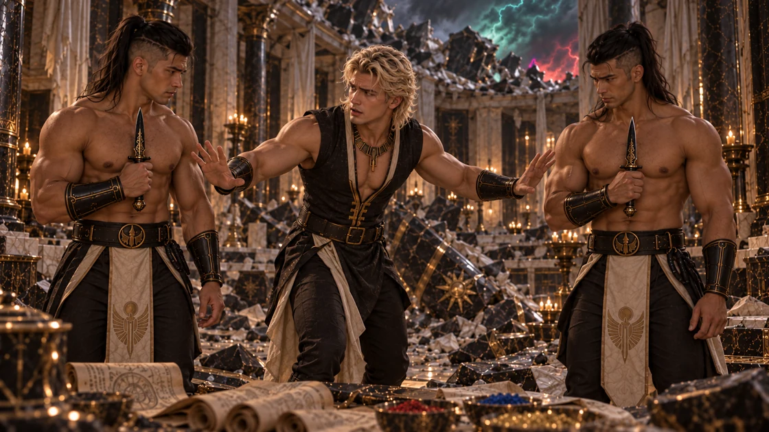 Nakhren and Varesh raise their daggers. Rhaevan steps between them, his hands lifted to stop them.