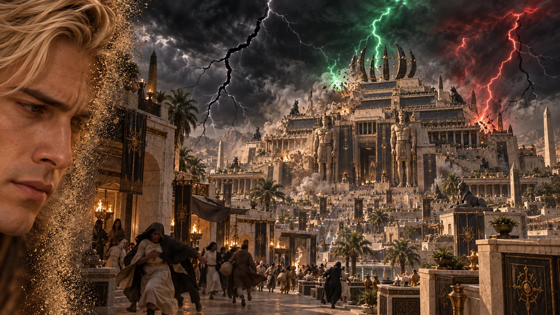 The chamber gives way to memory. Black clouds cover Akheryn as black, green and red lightning strikes the Temple of the Astral Crown and the surrounding settlement. Through the streets below, residents run for shelter.