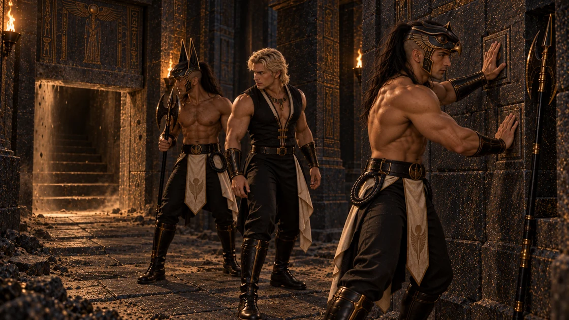 At the apparent dead end, Varesh presses two stones in the wall. Behind them, a concealed slab rises, and Rhaevan and Nakhren turn toward the opening.