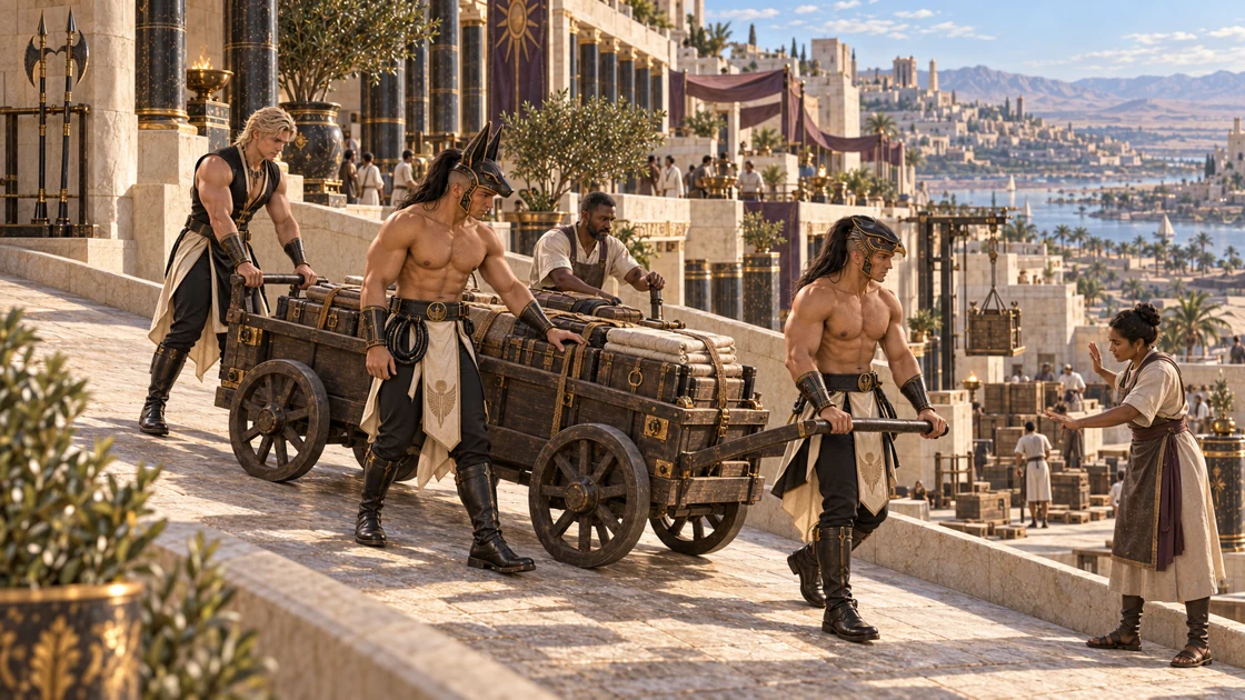 Following the workers’ signals, Rhaevan, Nakhren and Varesh guide the loaded cart down the terrace ramp. Each takes a different part of the work, keeping its movement steady.