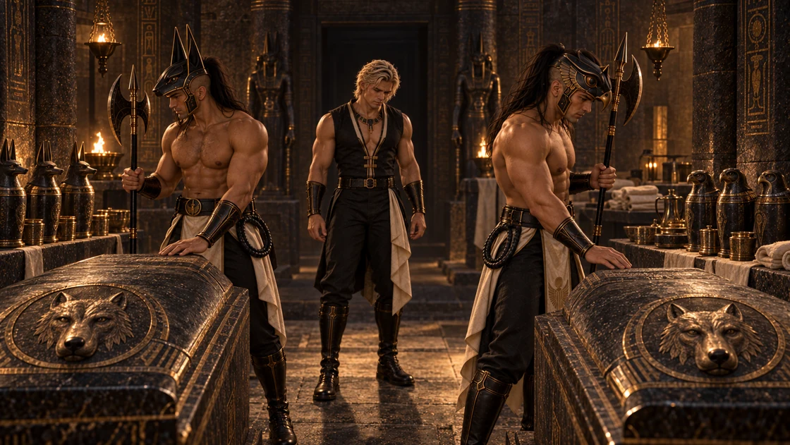 Nakhren and Varesh approach their sarcophagi. Rhaevan remains a few paces behind, his grief contained and his gaze burdened by guilt he has placed upon himself.