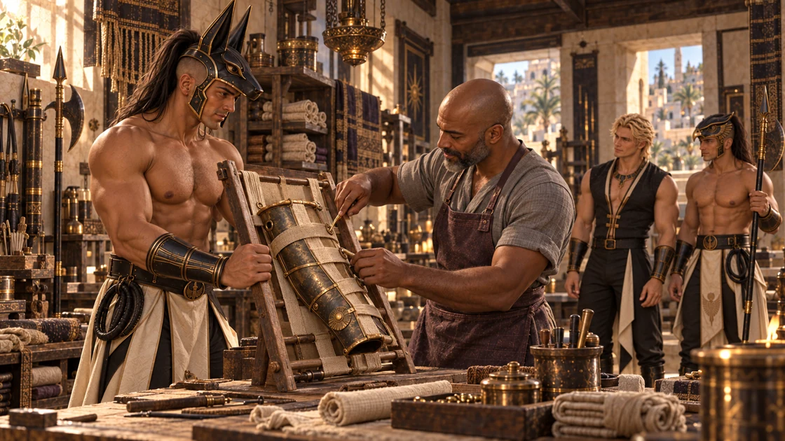 At the artisan’s request, Nakhren steadies the frame. A small adjustment draws the linen into place, while Rhaevan and Varesh watch from beside the workbench.
