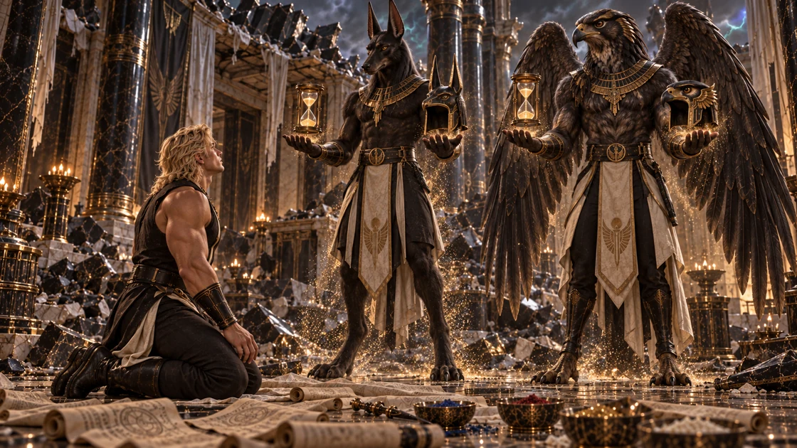 Two towering figures appear before Rhaevan. Each extends an hourglass and a helm: one shaped as a jackal, the other as a falcon. Amid the scattered scrolls, they offer him a bargain.