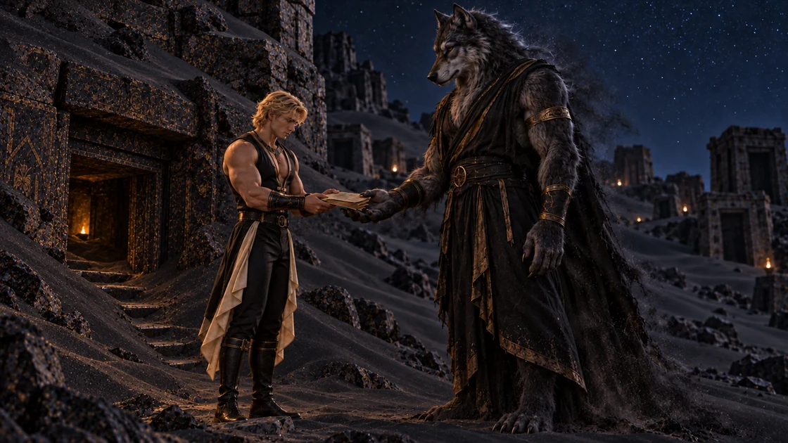Rhaevan asks his companions to go ahead. He stays a moment longer beside the sarcophagi; knowing those vessels are no longer inhabited does not make leaving them easier. Outside, a towering wolf-headed figure extends a claw. Rhaevan lowers his gaze and returns the stolen pages concerning the thirteen keys.