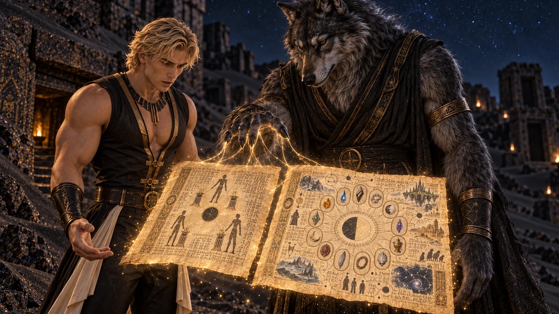 The wolf has come to help. Under his hand, the stolen pages reveal what their faded marks concealed: the forms of thirteen keys, their places across planes and realities, and the conditions of their recovery. The ritual can preserve Rhaevan’s consorts in their present bodies for many cycles. But all thirteen must be gathered, and some can be recovered only by the Pack.