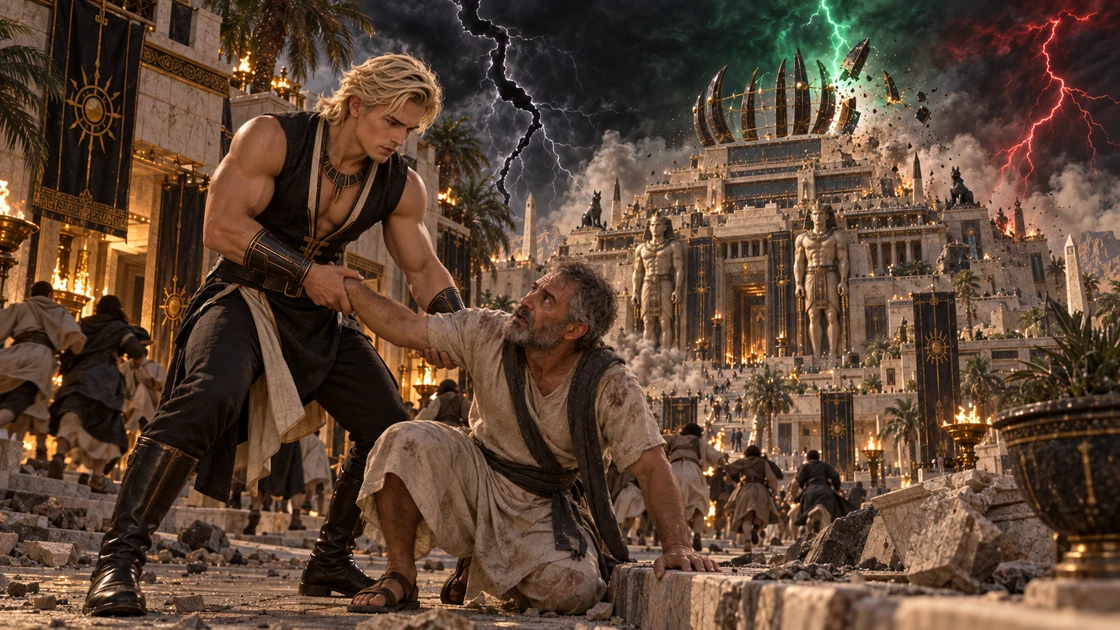 Rhaevan helps a resident back to his feet. Behind them, lightning breaks one of the great ribs of the Astral Crown.