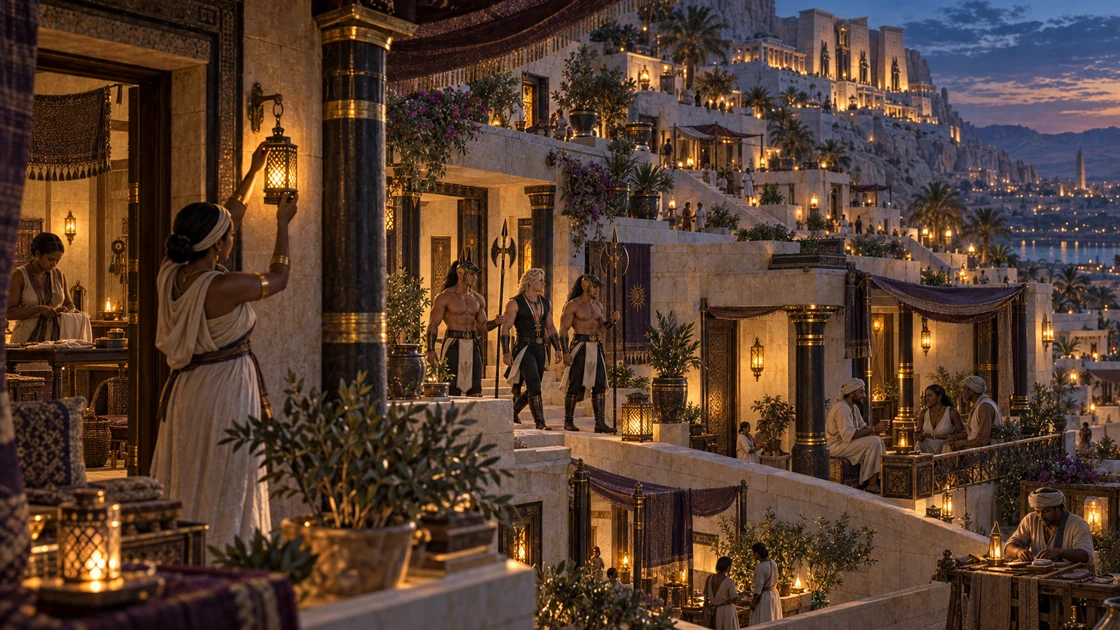 Lamps brighten the doorways of Imenvar. Beneath the porches, conversations linger and small tasks continue as Rhaevan, Nakhren and Varesh pass through the terraces.