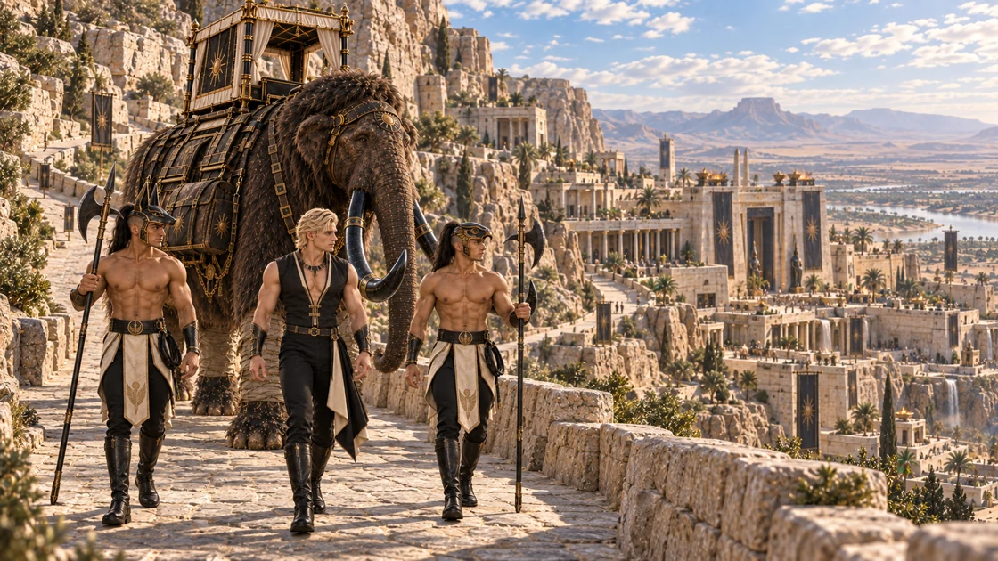 As the mountain road descends, Imenvar’s pale terraces emerge between the rocks. Rhaevan walks with Nakhren and Varesh, while Kharum follows along the broad stone path.