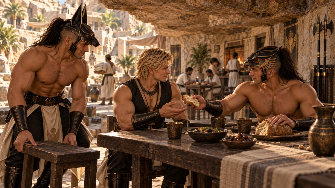 Beneath a rocky overhang, Varesh breaks the bread and passes a portion to Rhaevan. Nakhren draws the bench closer to sit beside them. Behind their table, apprentices and residents carry on with the day.