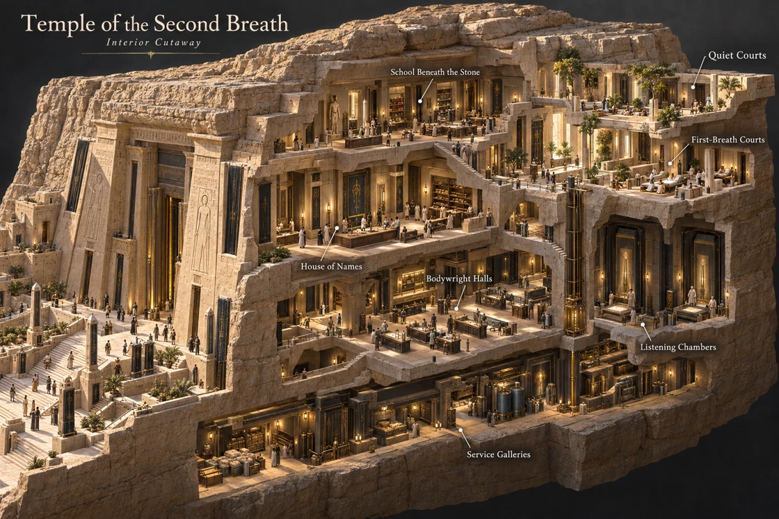 A cutaway view opens the temple to its working spaces: reception and records, teaching tables, reconstruction halls, listening chambers, recovery courts and service galleries. Light reaches the inhabited rooms through courts set into the stone.