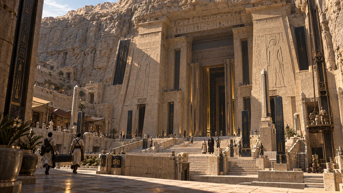 Across the sunken court, apprentices carry instruments while supplies pass between the galleries. The great entrance frames a succession of warm thresholds, revealing only the beginning of the rooms within the rock.
