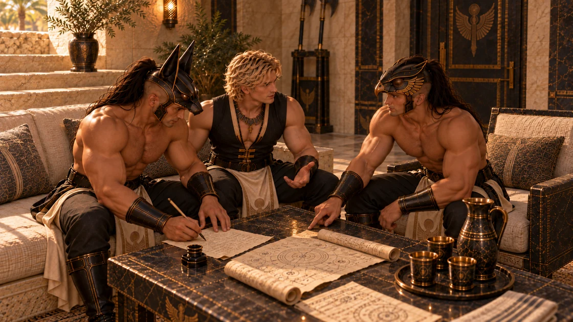 Nakhren writes down what they know. Varesh points to a question still unanswered, and Rhaevan listens before adding his own thought. They agree to begin by setting down the known details and the questions they need to ask. With the ritual scrolls spread between them, the first step belongs to all three.