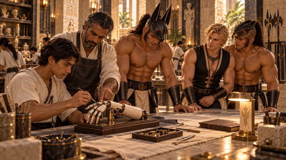 At a teaching table, an apprentice adjusts an articulated practice hand under an instructor’s guidance. Nakhren leans closer to follow the movement. Rhaevan and Varesh listen from the other end, their shoulders near each other.